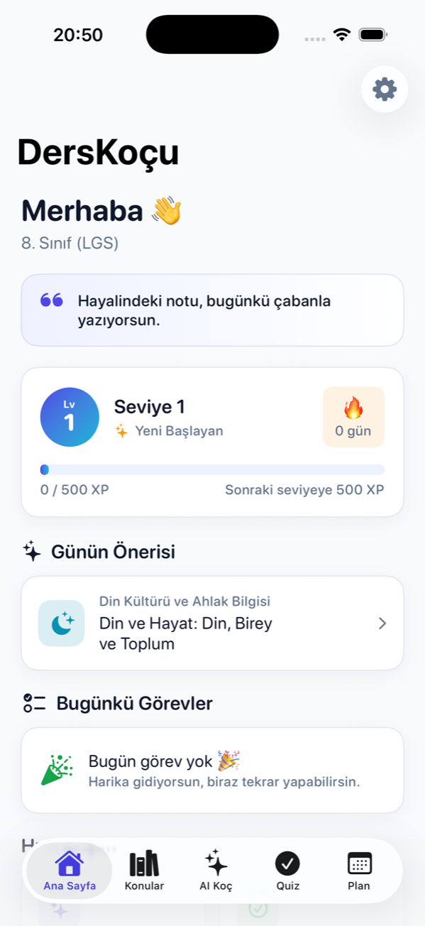 Ana Sayfa: seviye kartı, günün önerisi, bugünkü görevler