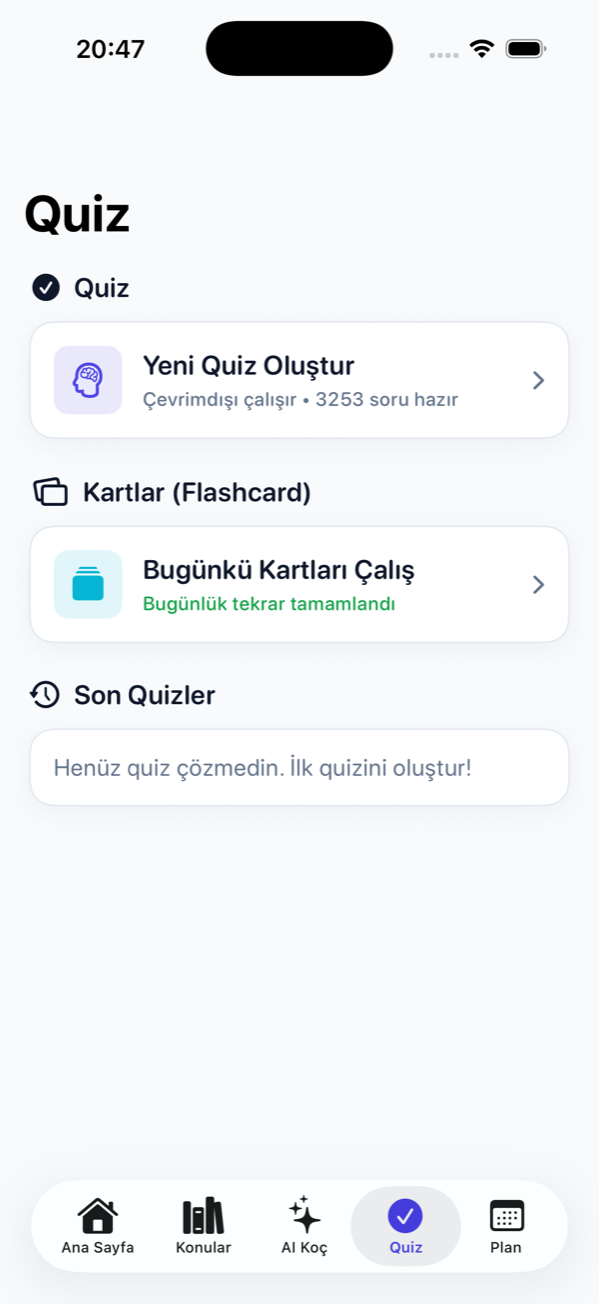Quiz: yeni quiz oluştur, bilgi kartları, son quizler